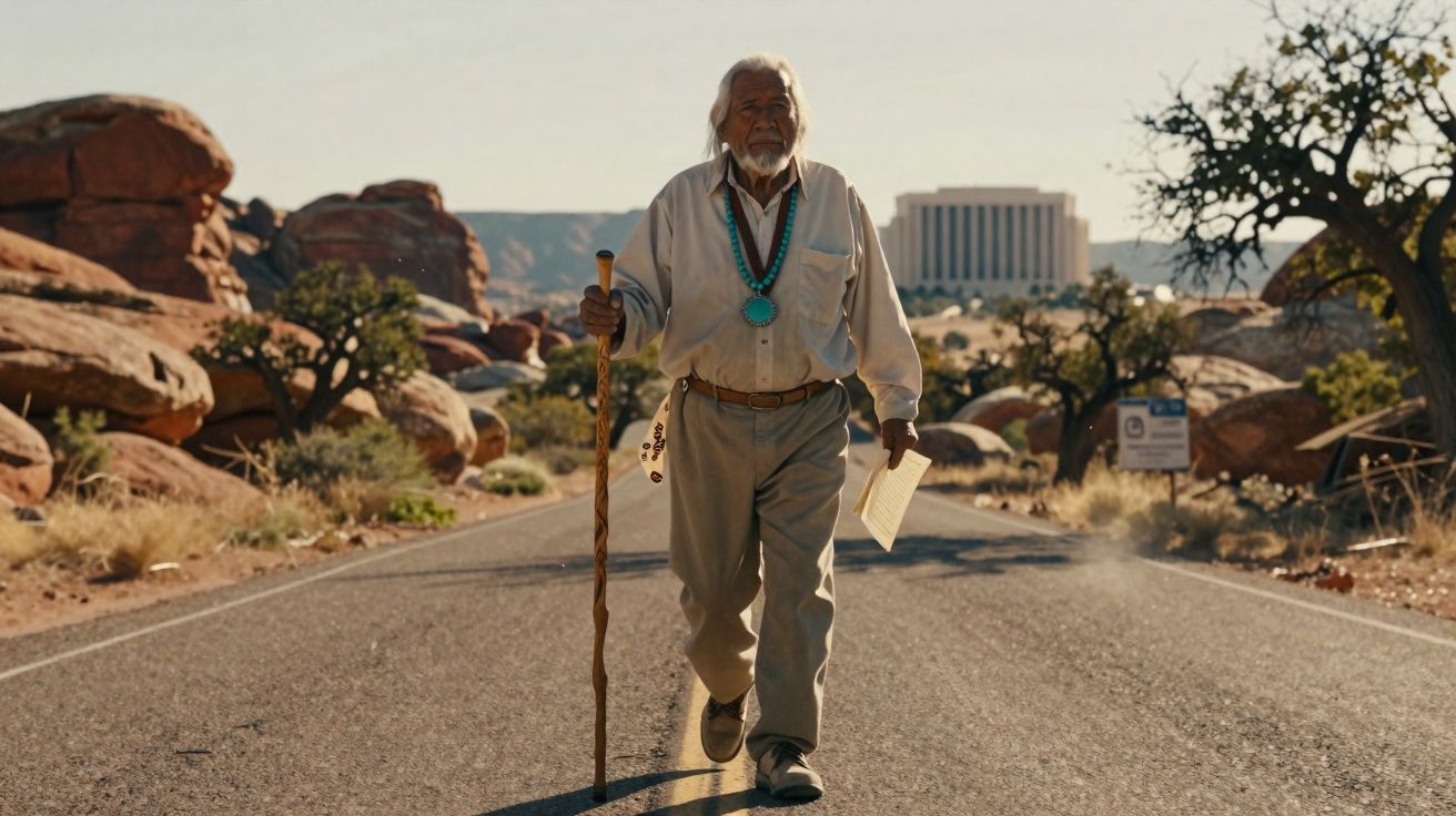 Homem idoso com bengala caminha no meio da estrada rodeada por rochas e árvores em ambiente desértico.