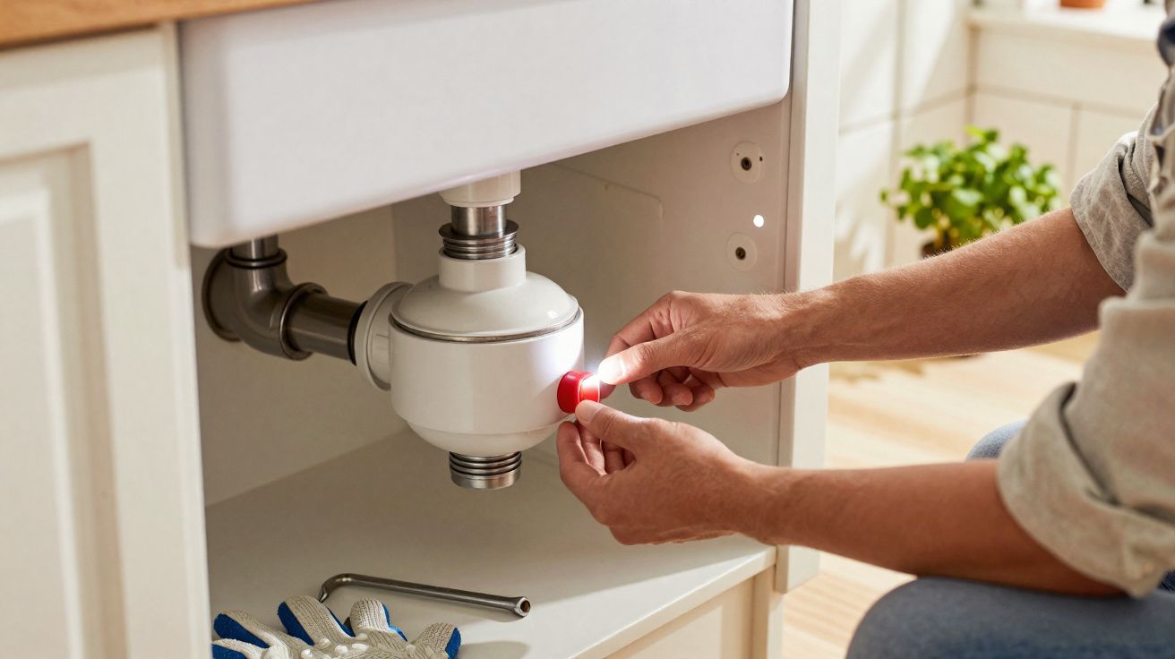 Pessoa a instalar triturador de resíduos sob pia de cozinha, com ferramentas e luvas ao lado.