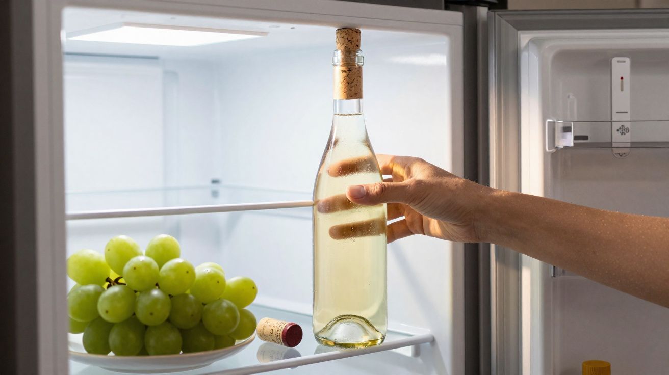 Mão a guardar uma garrafa de vinho branco com rolha dentro de um frigorífico junto a uma taça de uvas verdes.