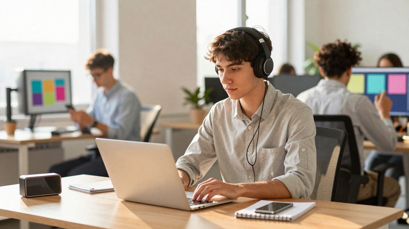 Jovem com auscultadores a trabalhar num portátil num escritório moderno com colegas ao fundo.