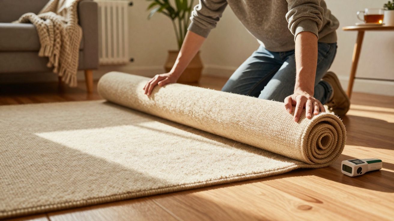 Pessoa a desenrolar um tapete bege numa sala com chão de madeira e luz natural.