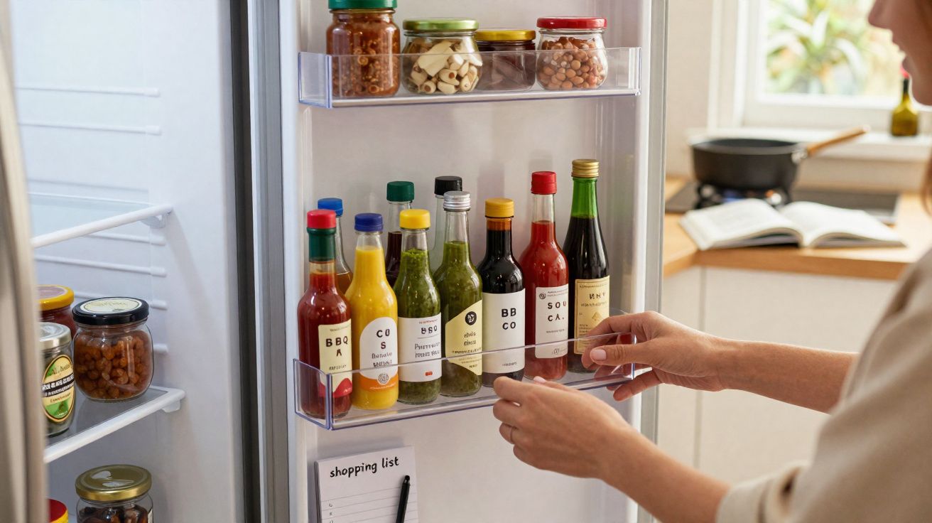 Pessoa organizando garrafas com molhos na porta de um frigorífico aberto numa cozinha iluminada.