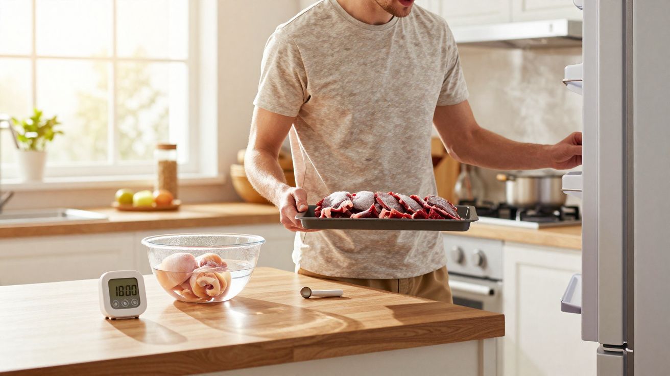 Homem a preparar marisco congelado numa cozinha luminosa e moderna.