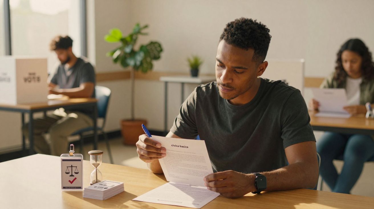 Homem jovem a ler documento numa mesa, com duas pessoas ao fundo a realizar tarefas similares num ambiente iluminado.