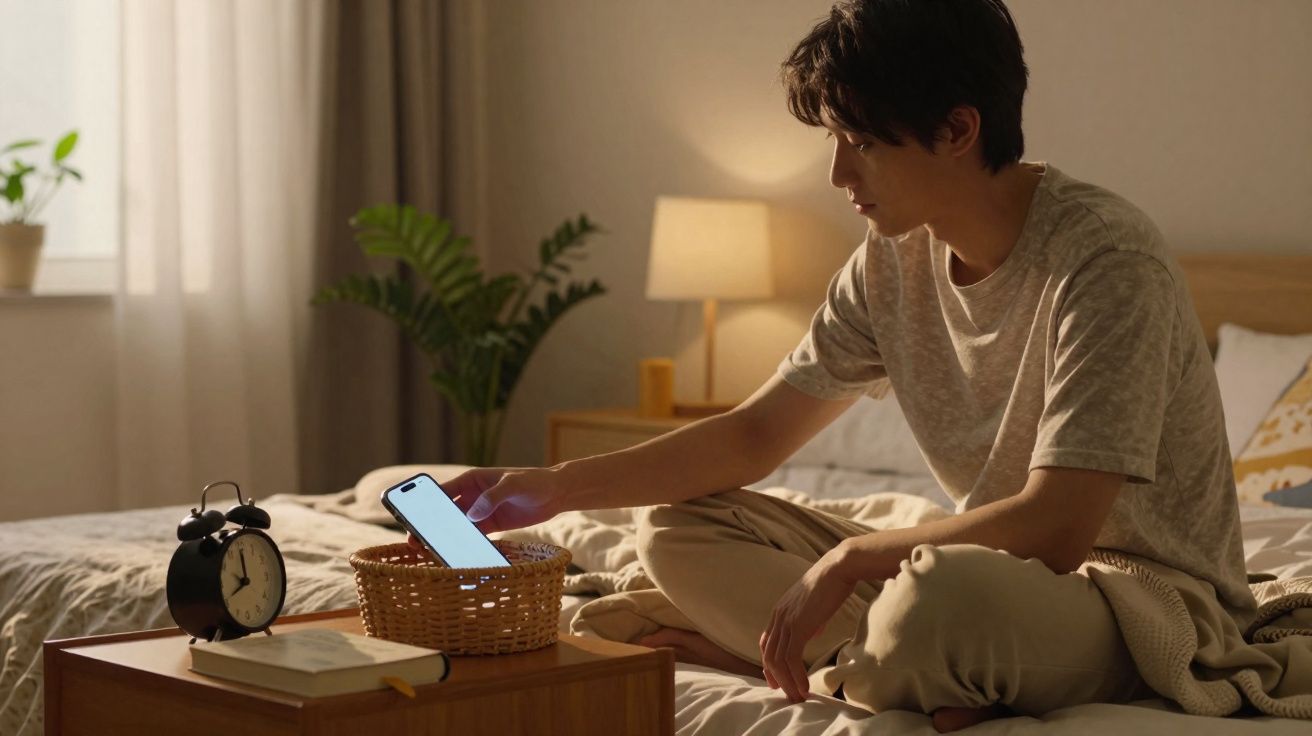 Jovem sentado na cama a guardar o telemóvel numa cesta num quarto com luz suave e despertador na mesa.