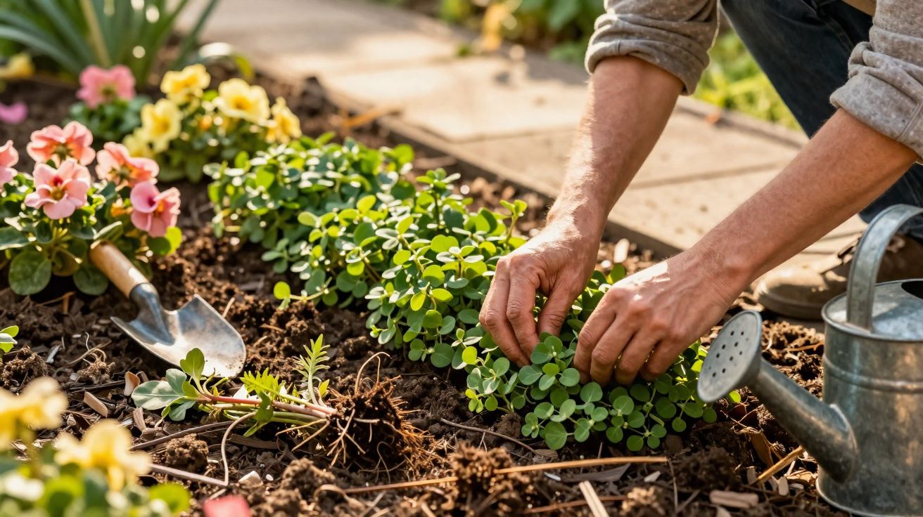 Mãos a cuidar de plantas verdes num canteiro de jardim com flores coloridas e regador ao lado.