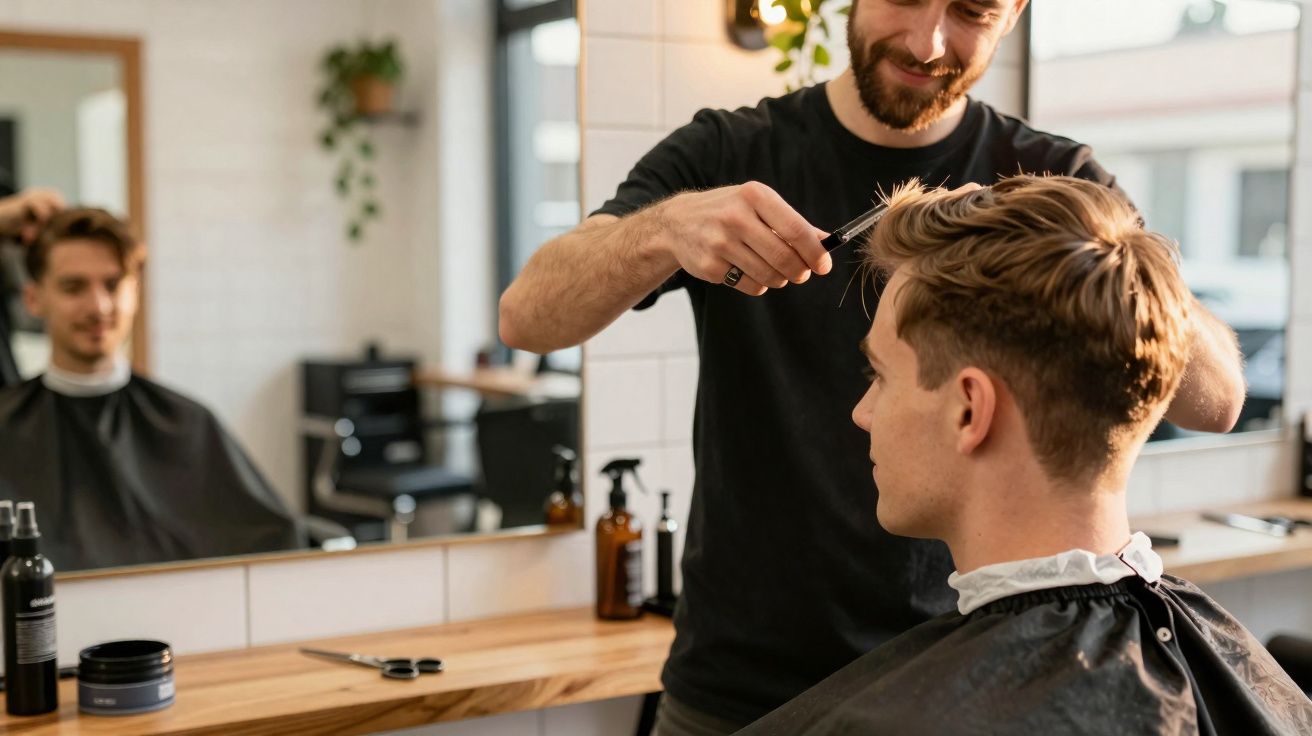 Barbeiro profissional a cortar o cabelo de um jovem num salão moderno e iluminado.