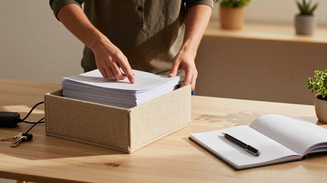 Pessoa organiza documentos numa caixa de tecido sobre uma mesa de madeira com caderno aberto e plantas ao fundo.