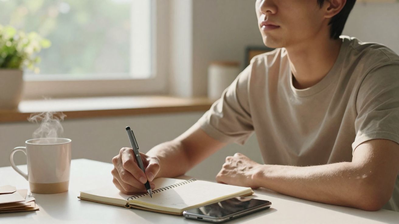 Pessoa a escrever numa agenda numa mesa com uma chávena de chá quente e um telemóvel à frente.