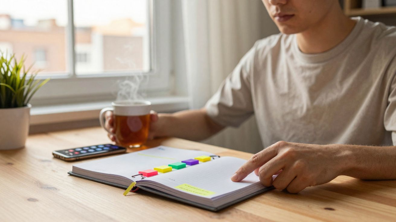 Pessoa a beber chá e a consultar um caderno com post-its coloridos junto a uma janela e um telemóvel na mesa.