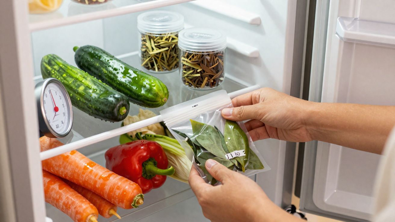 Mãos a guardar folhas frescas numa embalagem plástica dentro de um frigorífico com legumes e termómetro.