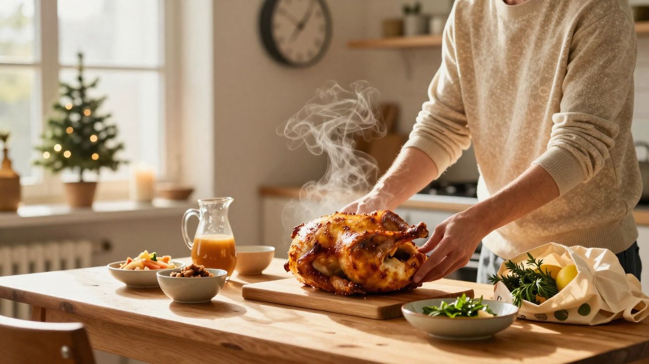 Pessoa a retirar um perú assado fumegante numa tábua de madeira numa cozinha decorada com árvore de Natal.