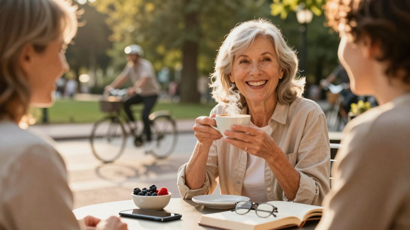 Mulher idosa sorridente a beber café numa esplanada, conversando com duas pessoas num dia ensolarado.