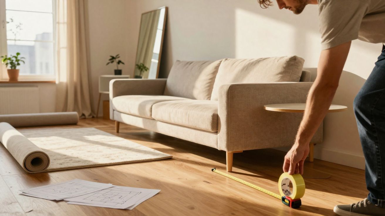 Homem a medir chão de madeira num quarto com sofá, plantas e plantas, enrolados de carpete e plantas.
