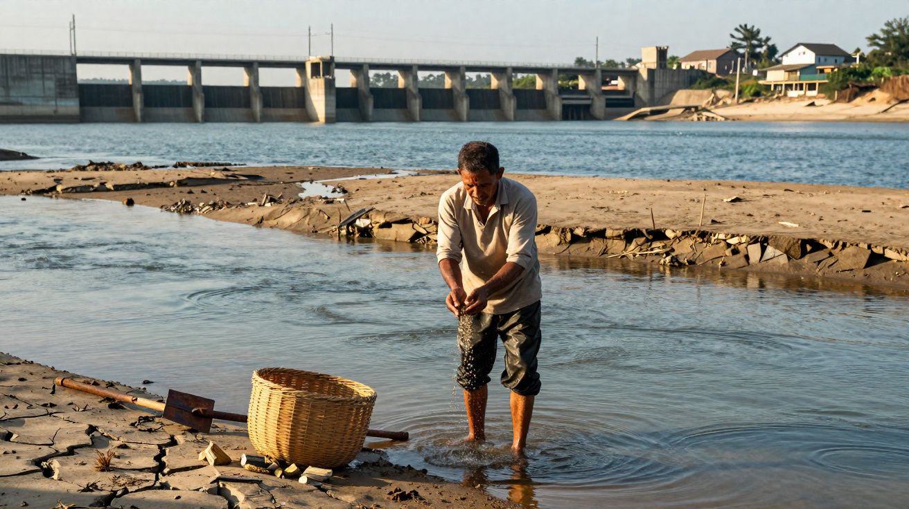 Homem com calças arregaçadas recolhe água em riacho junto a uma barragem ao fundo em área rural.
