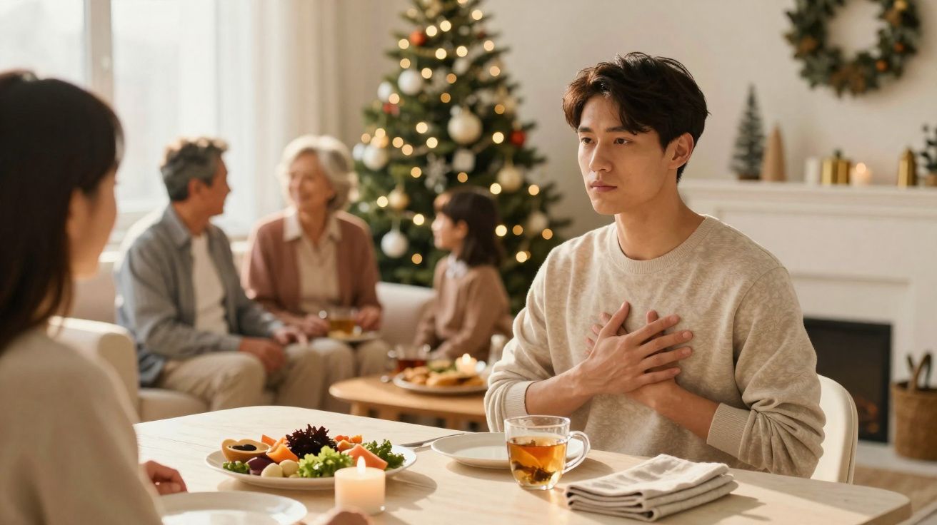 Jovem com mão no peito sentado à mesa, família ao fundo junto à árvore de Natal decorada.