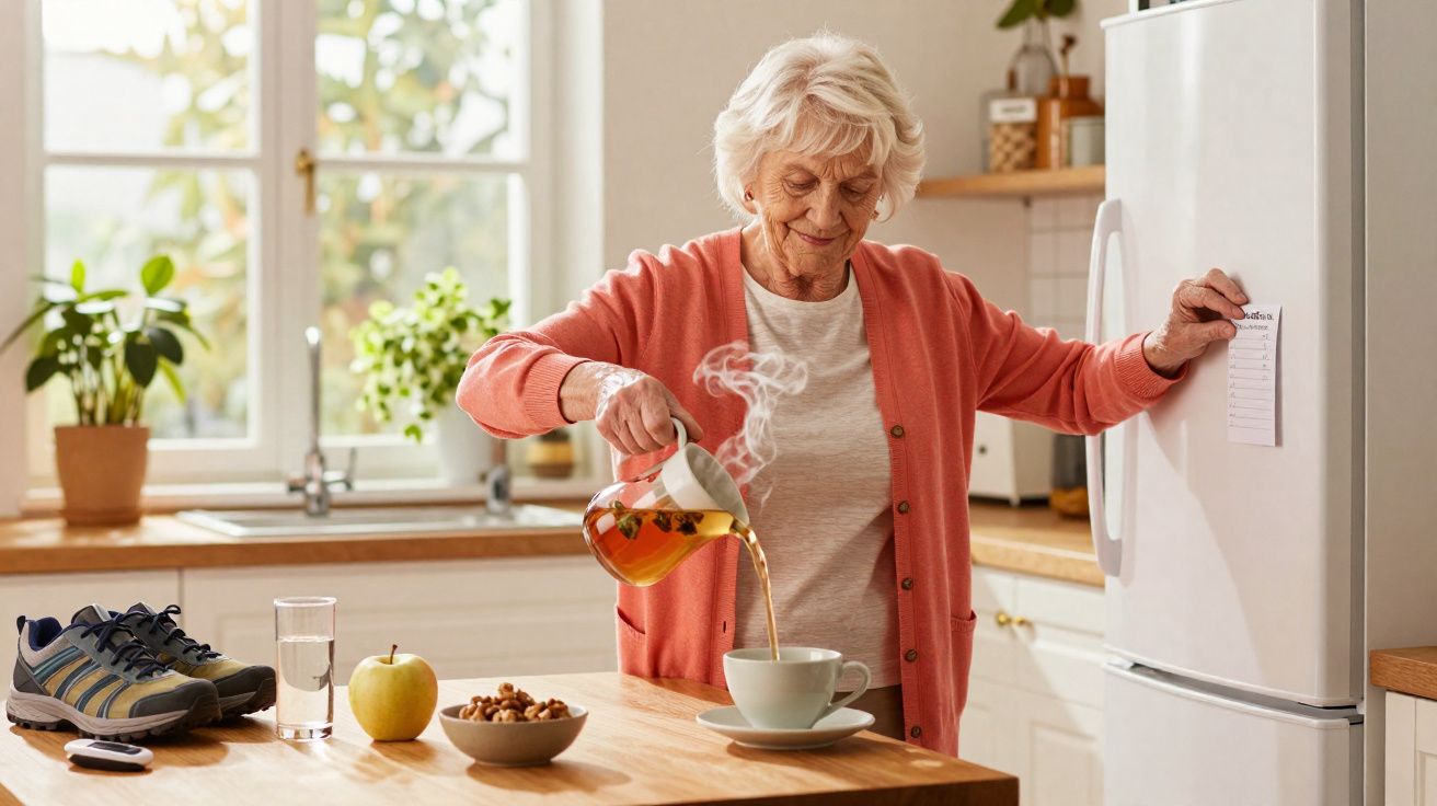 Senhora idosa a servir chá quente na cozinha moderna com frutas, nozes e ténis sobre a bancada.