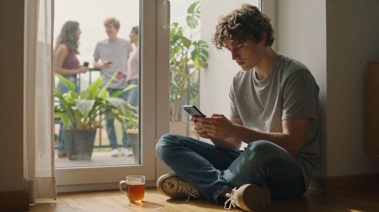 Jovem sentado no chão a usar telemóvel, com chá ao lado, enquanto três pessoas conversam do lado de fora.