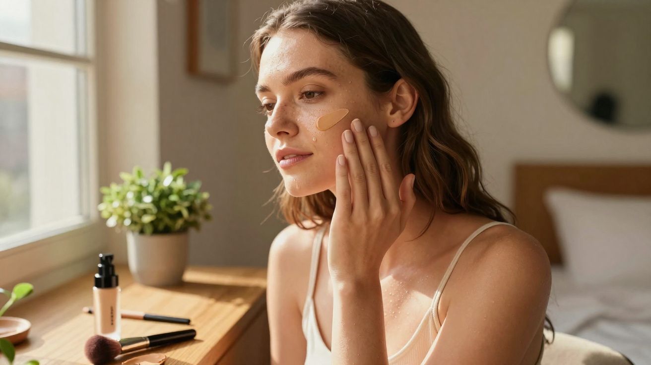 Mulher a aplicar base de maquilhagem no rosto junto à janela, com pincel e produtos num móvel de madeira.