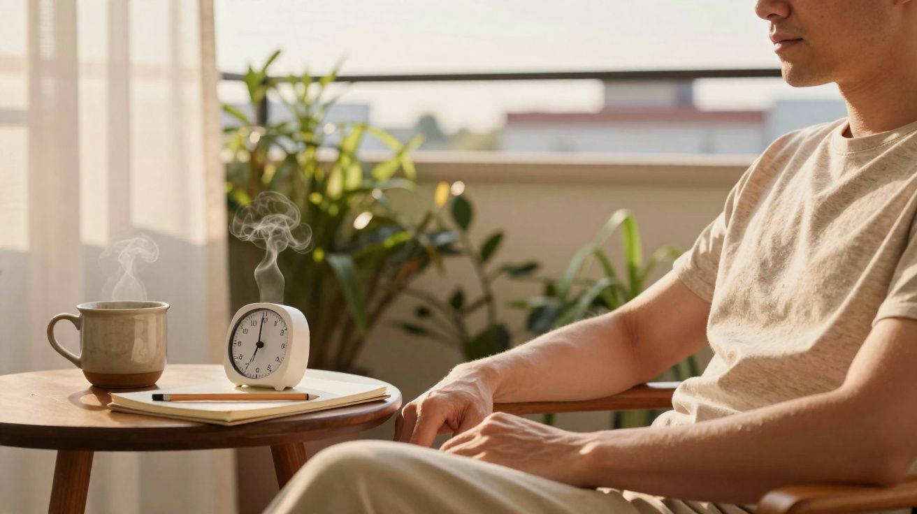 Homem sentado a relaxar junto a uma mesa com um relógio, caderno, caneta e chá quente a libertar vapor.