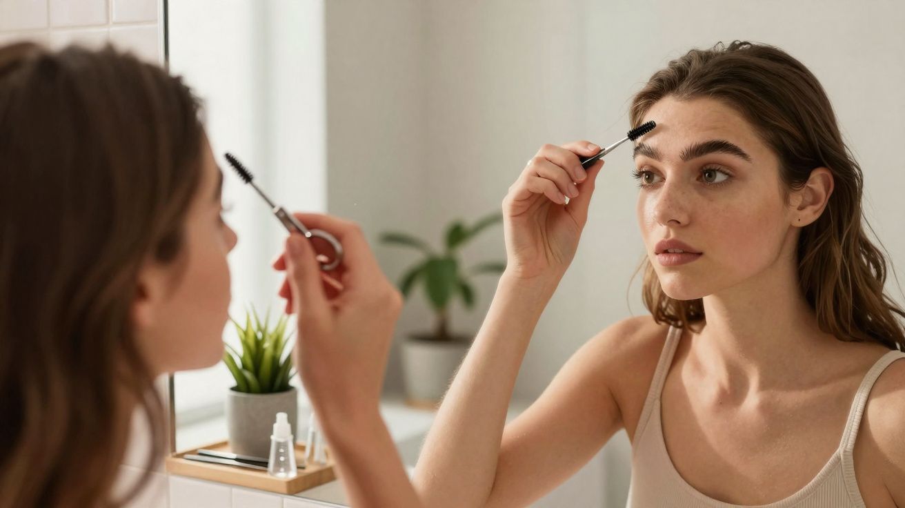 Mulher jovem a pentear as sobrancelhas à frente do espelho numa casa iluminada.
