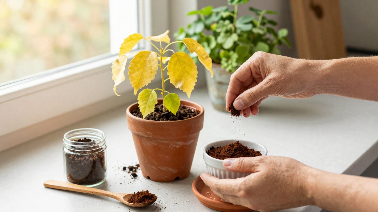 Mãos a colocar terra em vaso pequeno junto a planta de folhas amarelas numa janela com luz natural.