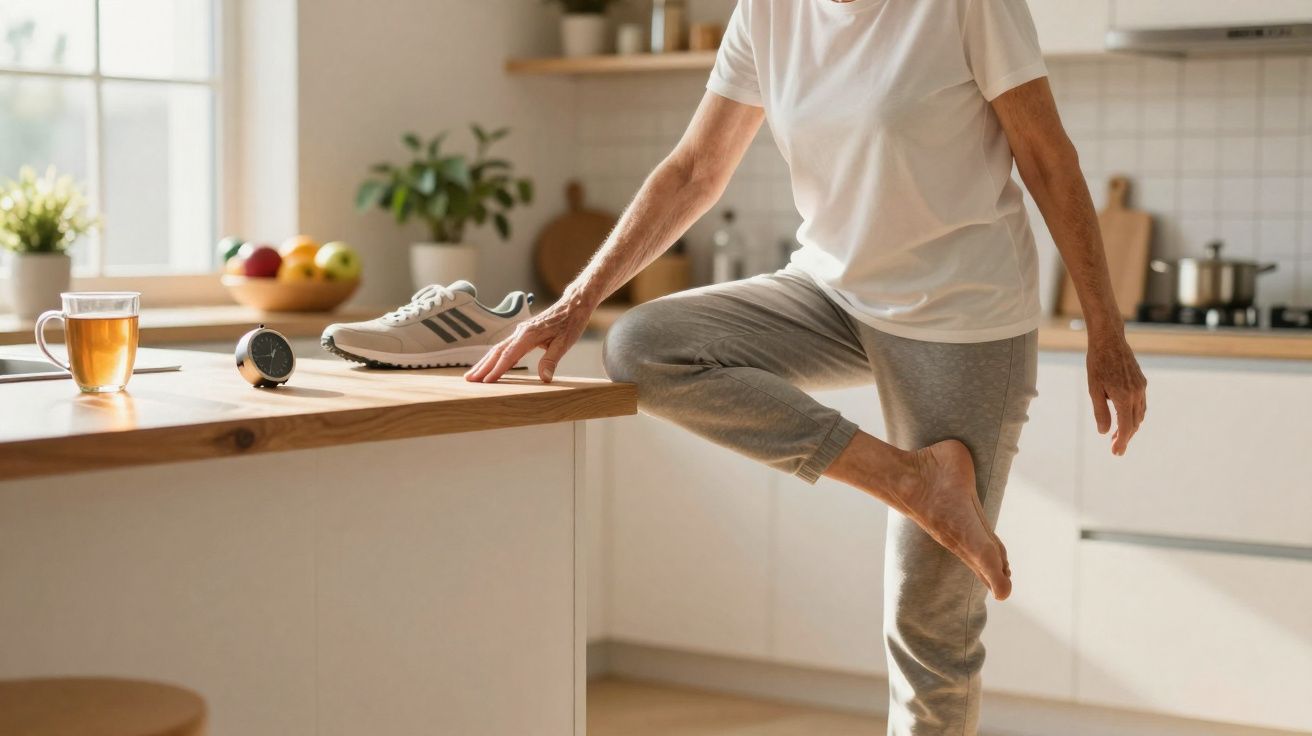 Pessoa a fazer exercício de equilíbrio apoiada numa bancada de cozinha, com chá e ténis ao lado.