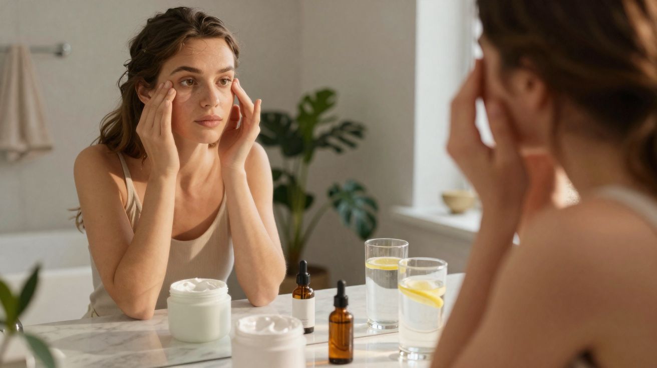 Mulher aplica creme hidratante no rosto em frente ao espelho numa casa de banho iluminada.