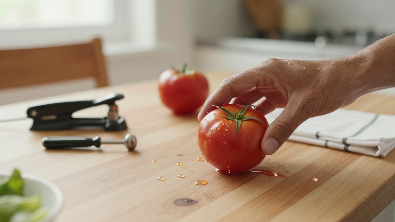 Mão a segurar tomate maduro com gotas de água, sobre mesa de madeira clara em cozinha.
