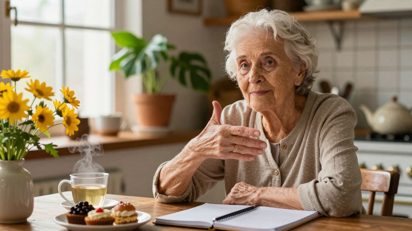 Senhora idosa sentada à mesa com chá e sobremesas, gesticulando e com um caderno aberto à frente.