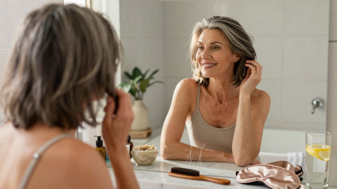 Mulher madura a sorrir diante do espelho, cuidando do cabelo numa casa-de-banho iluminada naturalmente.