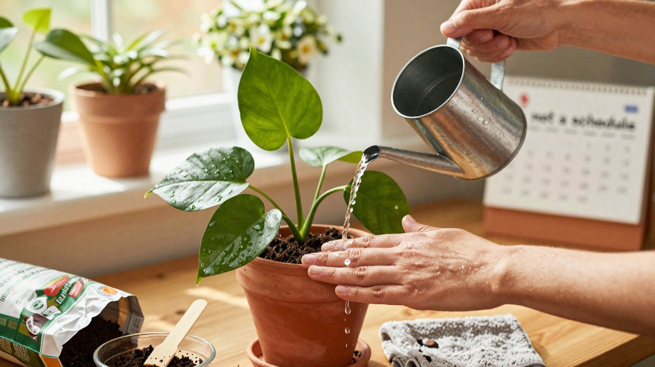 Pessoa a regar planta com regador metálico numa jarra de barro numa mesa com acessórios de jardinagem.