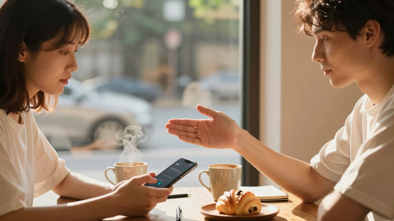 Dois jovens sentados à mesa de café, com telemóvel e croissant, a conversar perto de janela iluminada.
