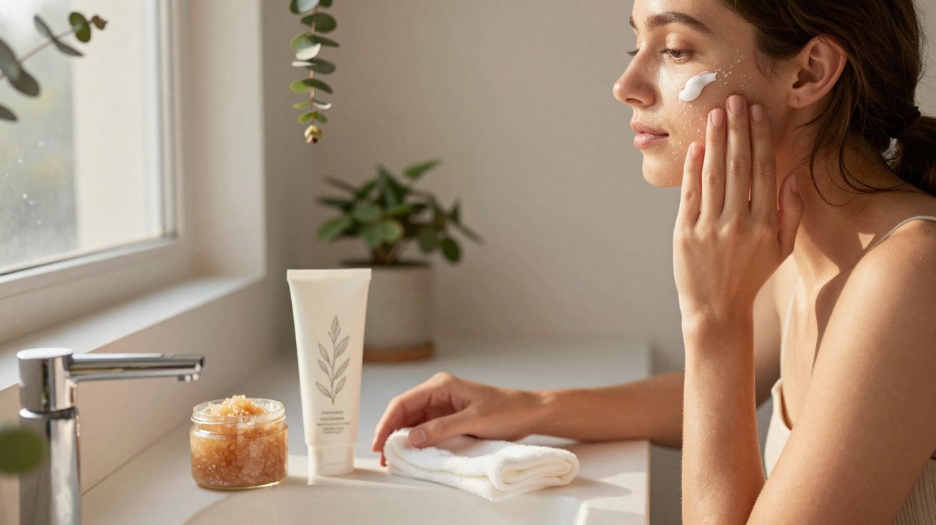 Mulher aplica creme hidratante no rosto perto de espelho e produtos de cuidado facial numa casa de banho.