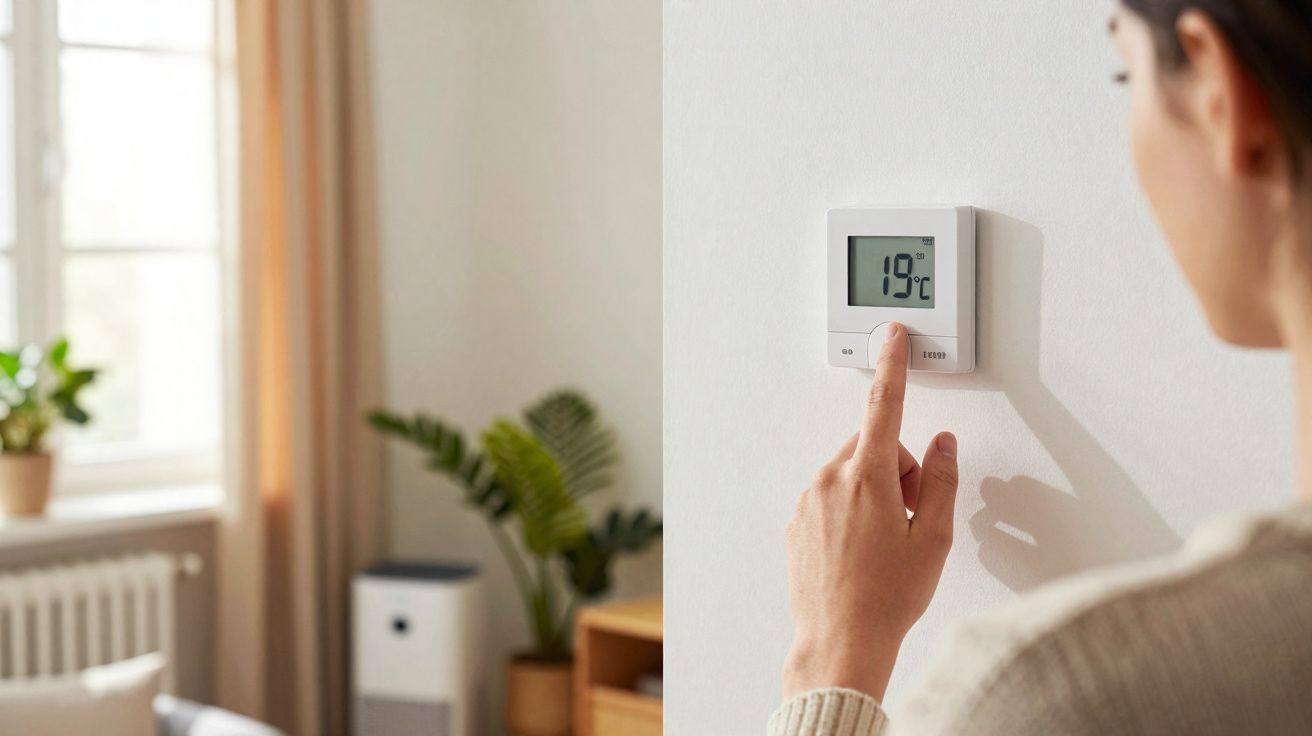 Pessoa ajusta o termostato digital na parede a 19 graus numa sala com plantas e luz natural.