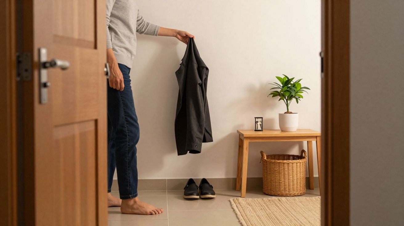 Pessoa de pé segura casaco preto num corredor com sapatos, banco, cesto e planta junto à parede branca.