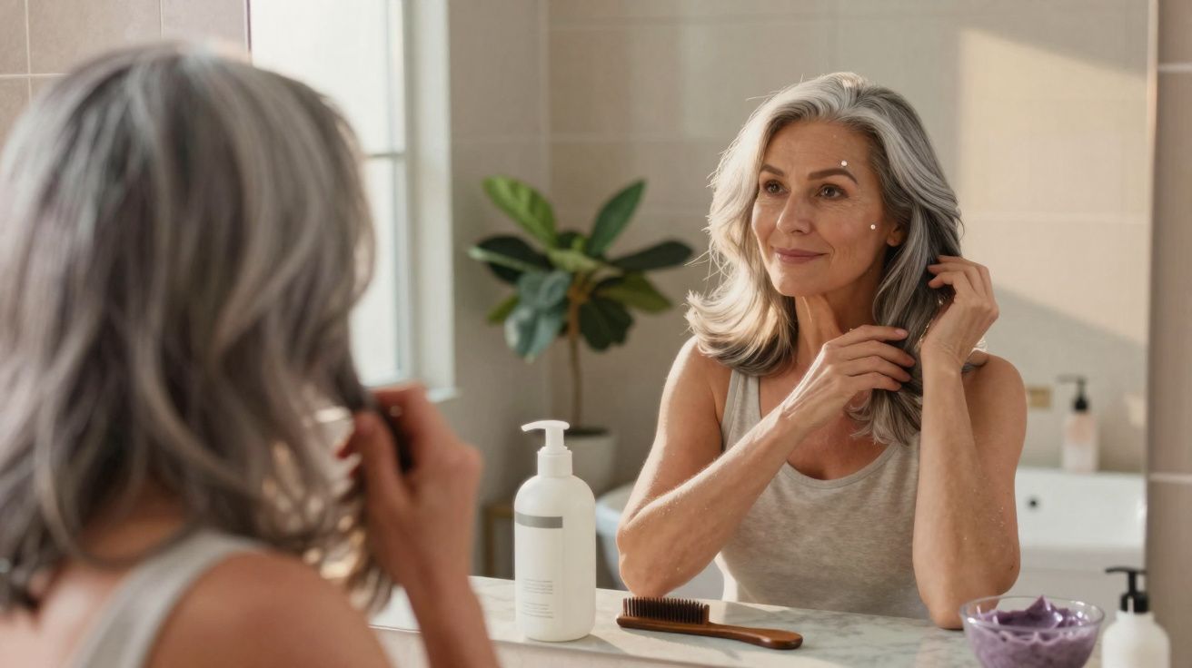 Mulher madura com cabelo grisalho penteia-se à frente de um espelho numa casa de banho luminosa.