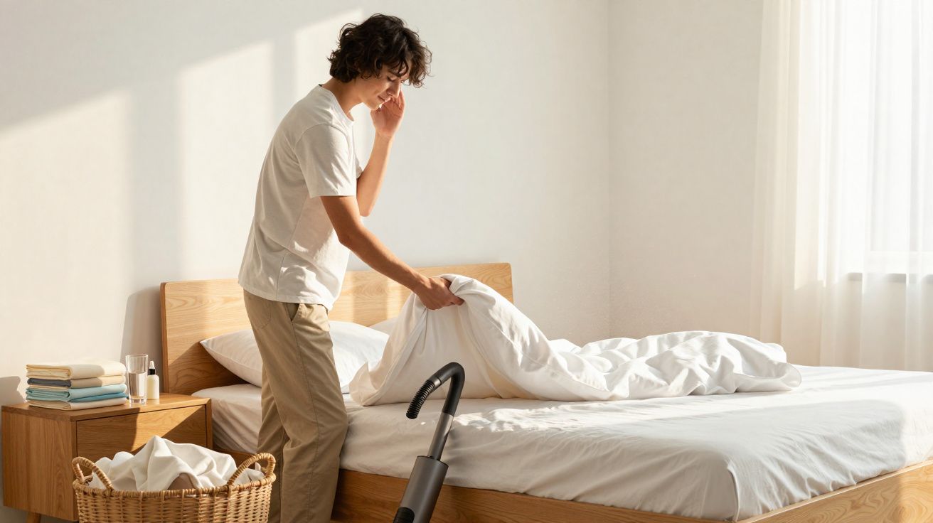 Pessoa a arrumar a cama branca num quarto claro com móveis de madeira e cesta de roupa suja.