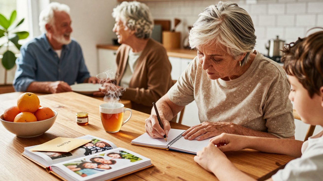 Idosa escreve num caderno numa mesa com um rapaz enquanto dois idosos conversam ao fundo numa sala acolhedora.