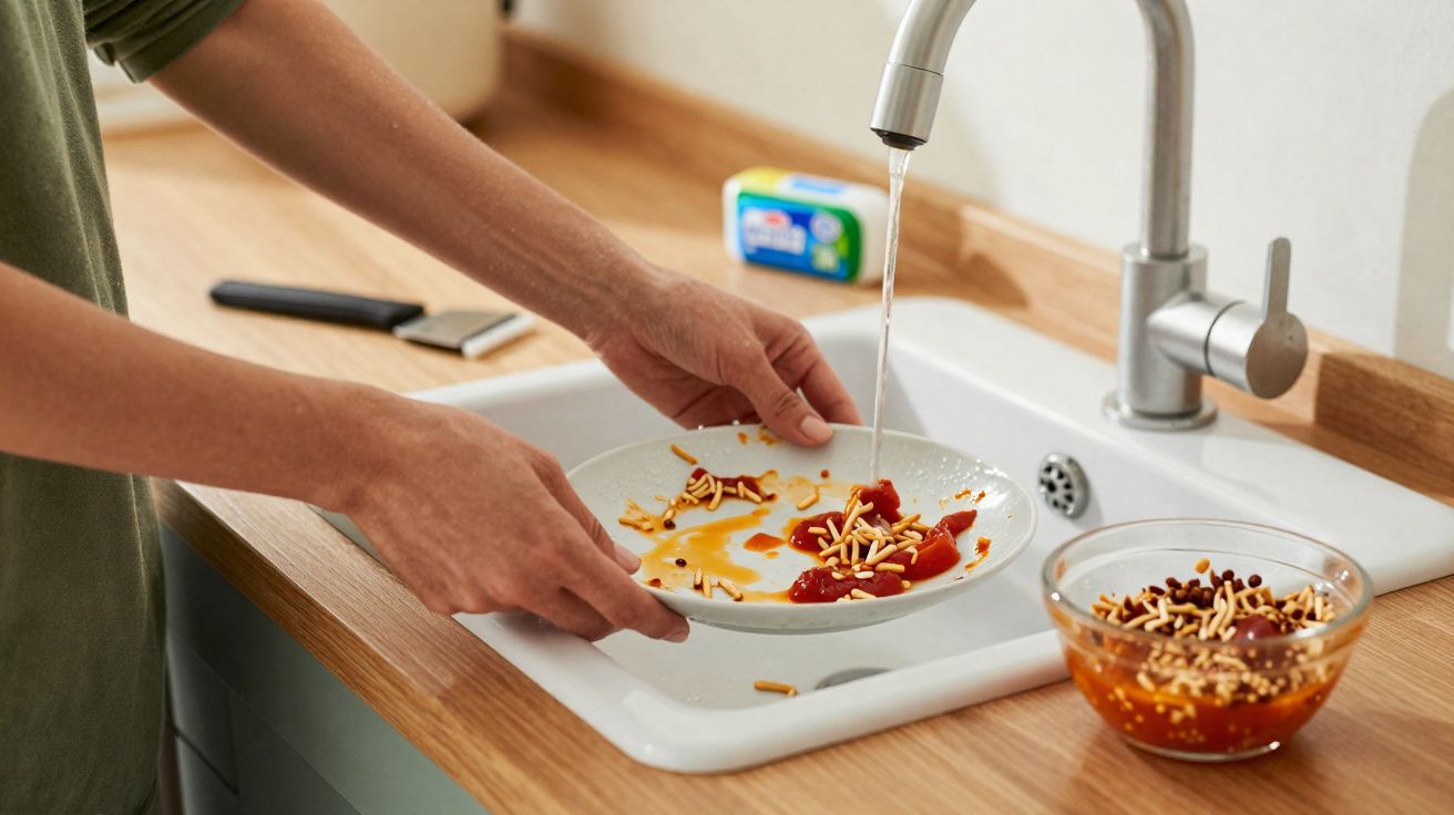 Pessoa a lavar um prato com restos de comida em lava-loiça branca de cozinha moderna.
