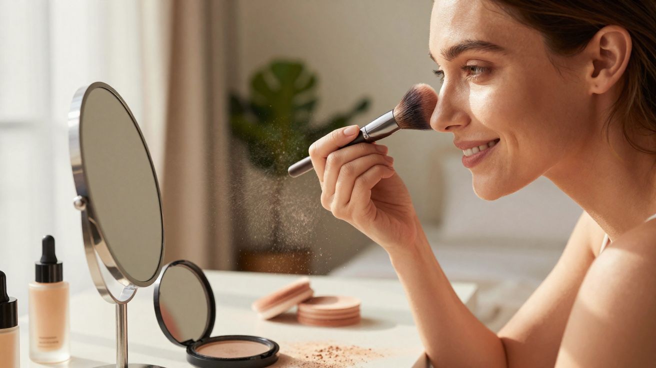 Mulher a aplicar maquilhagem com pincel num rosto sorridente frente a espelho numa mesa iluminada.