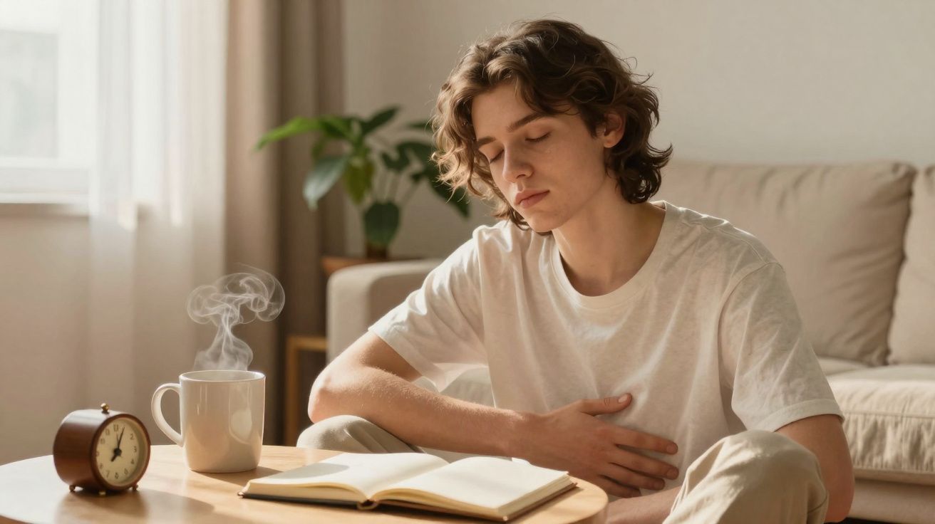 Jovem sentado a ler um livro, com mão na barriga e chá quente numa mesa à frente, num ambiente acolhedor.