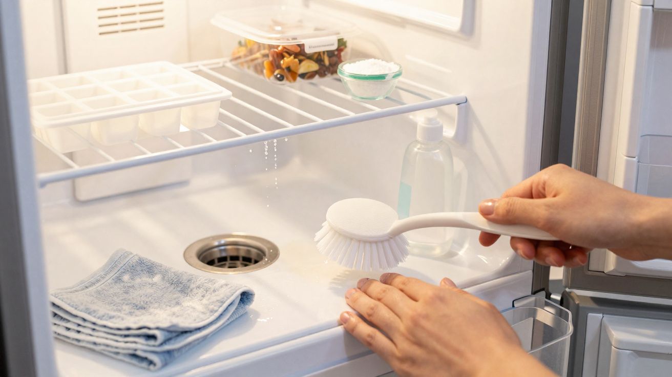 Mãos a limpar o interior de um frigorífico com escova, perto de toalha azul, líquido e tigela com sal.