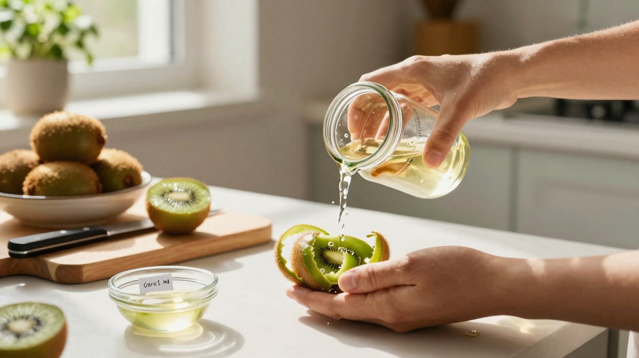 Mãos a despejar líquido sobre um kiwi aberto em gomos sobre uma bancada de cozinha iluminada.