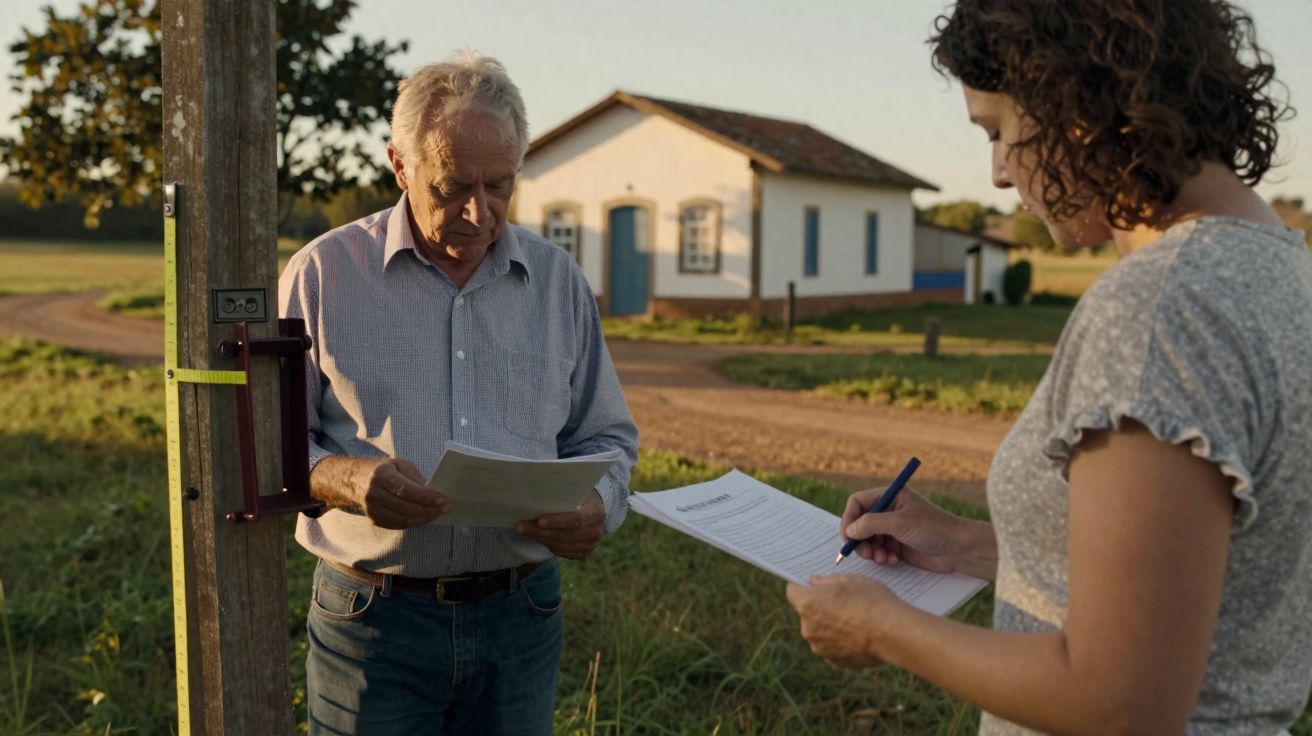 Homem idoso e mulher escrevem em papéis num campo, com casa rural ao fundo ao pôr do sol.