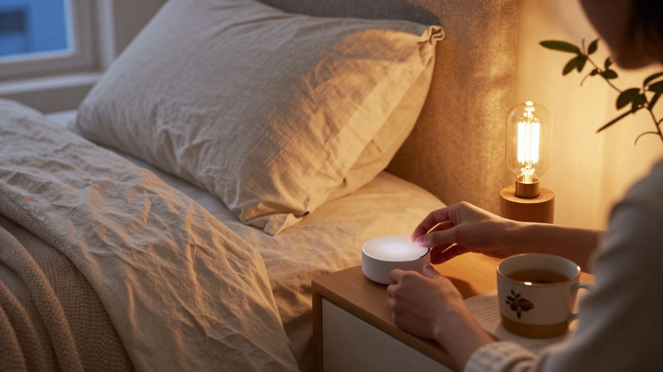 Pessoa a usar assistente virtual numa mesa-de-cabeceira com cama, lâmpada acesa e chá quente.