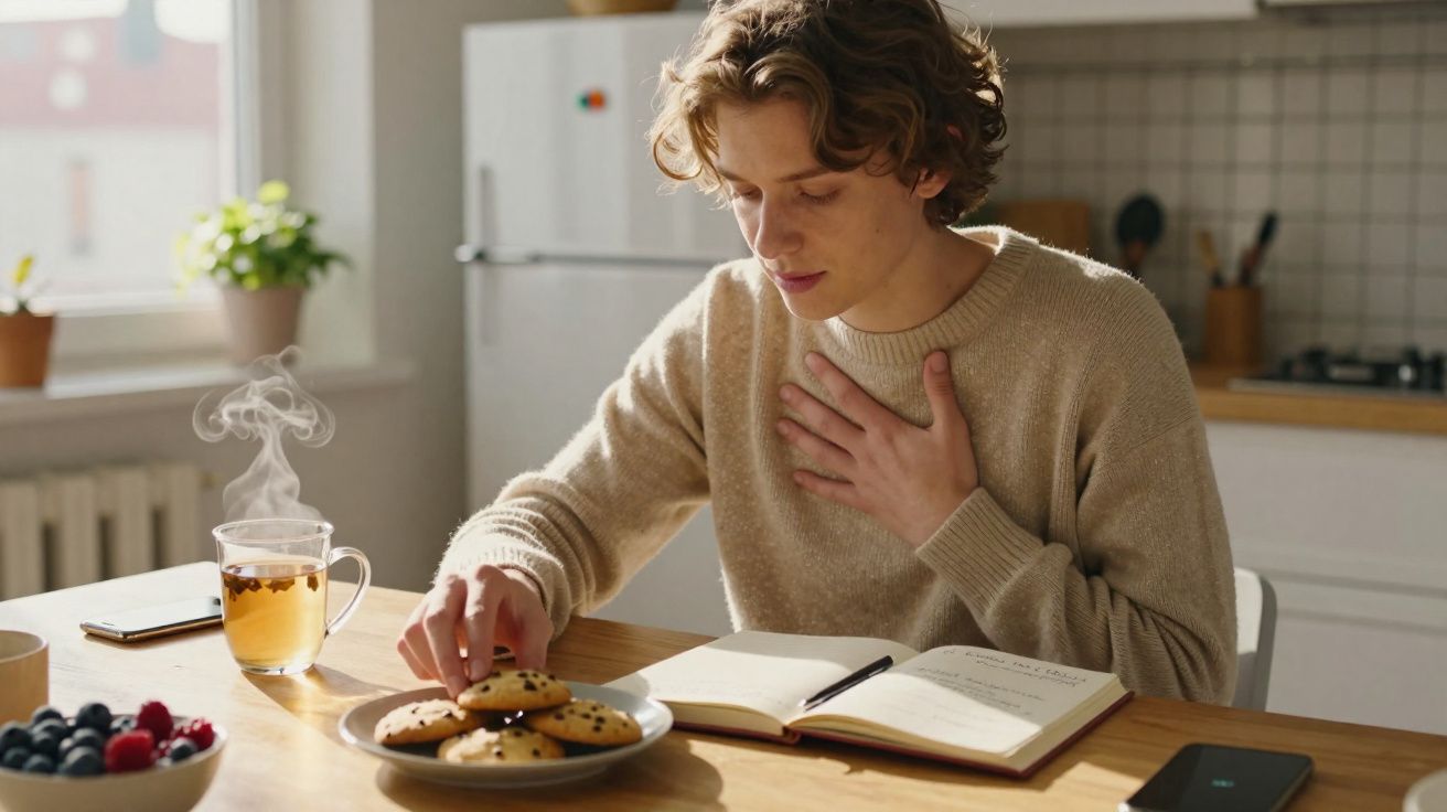 Jovem sentado à mesa com chá quente, biscoitos e um caderno aberto, segurando o peito.