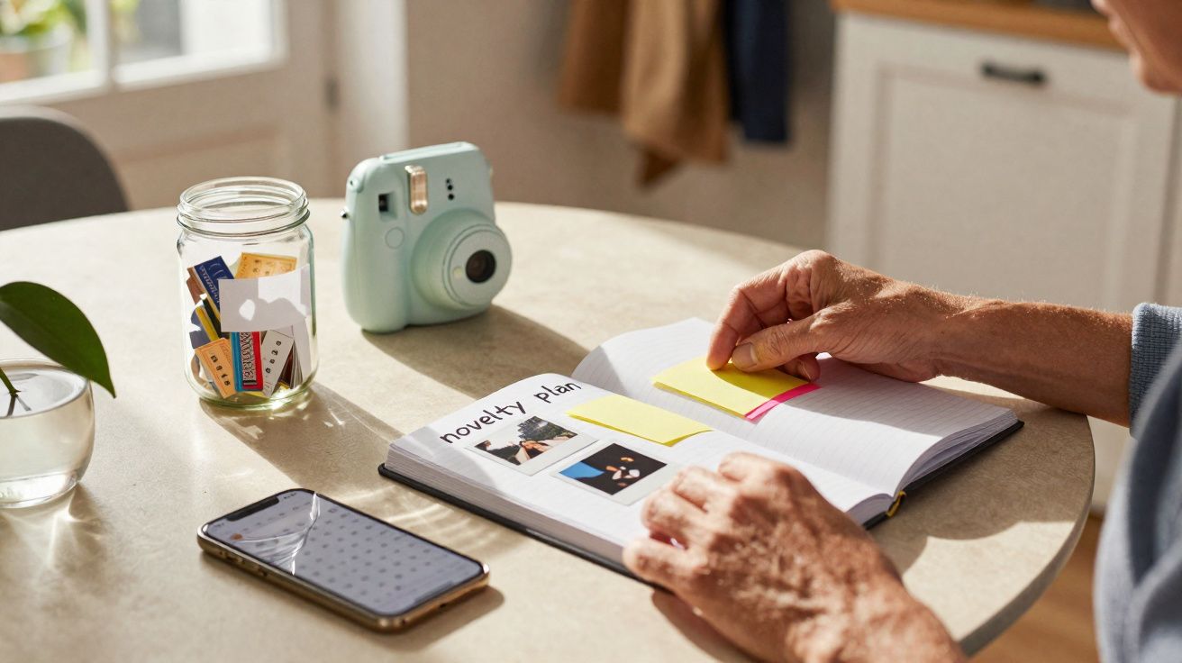 Mesa com caderno aberto, câra instantânea, jarra com recortes, smartphone e mãos a colar post-its.