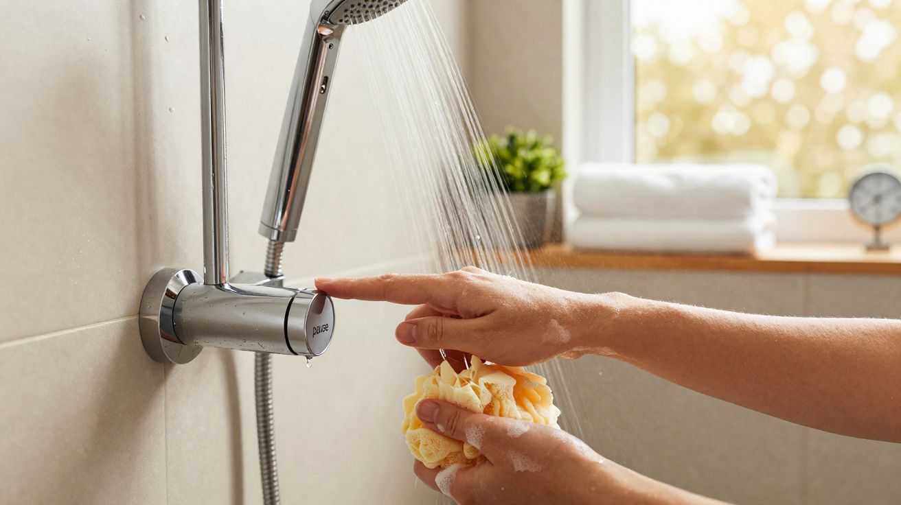 Mãos ajustando torneira de chuveiro cromado enquanto seguram esponja amarela num banho com janela ao fundo.