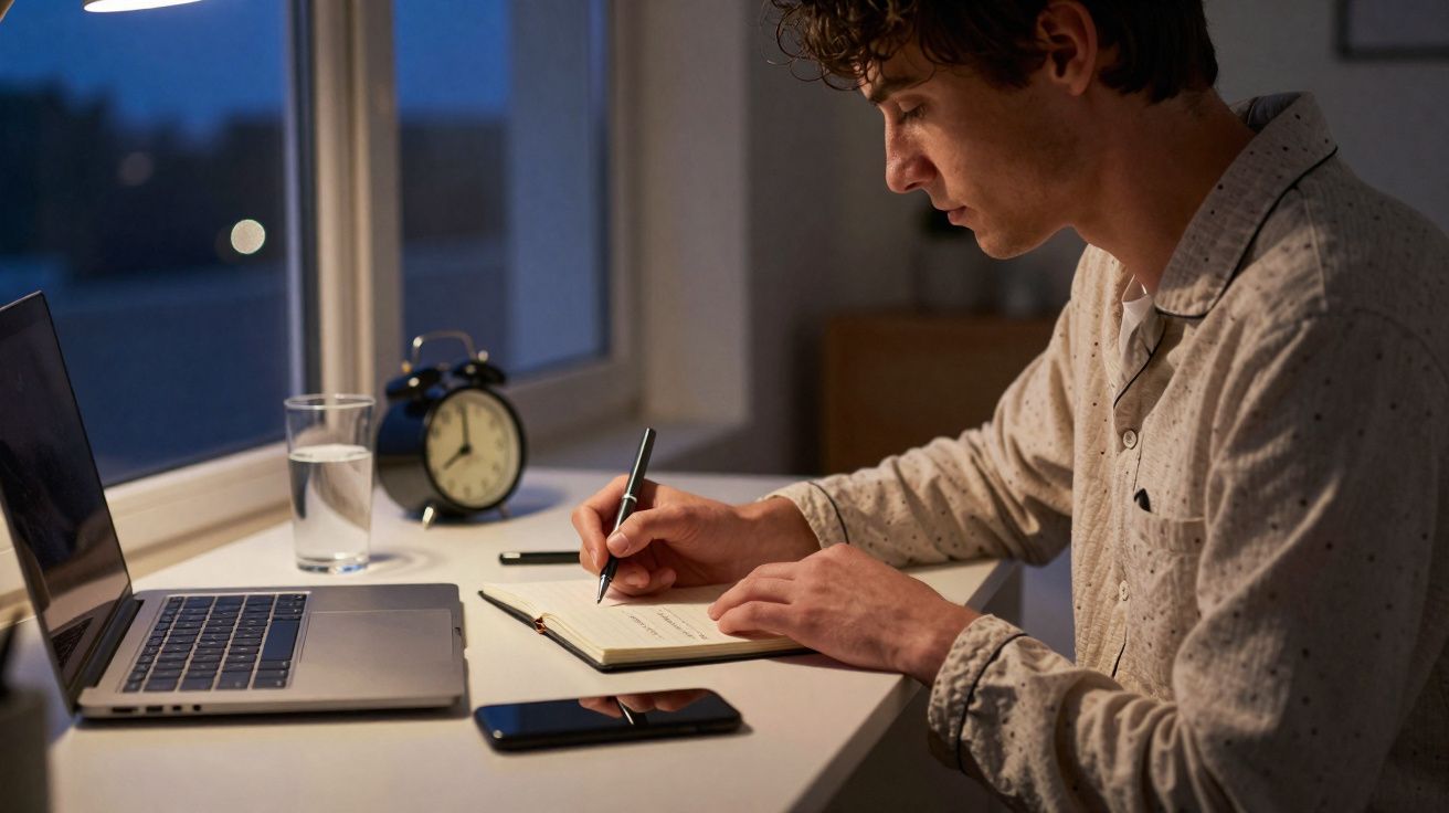 Homem jovem a estudar num quarto com computador, telemóvel, relógio e copo de água à noite.